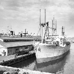 Cover image for Photograph - Hobart Wharf, unloading locomotives from "SS Belpareil"