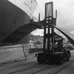 Cover image for Photograph - Princes Wharf, Hobart, Fork-lift truck carrying sheet steel from America