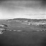 Cover image for Photograph - River Derwent, aerial view, showing temporary bridge before present Tasman bridge was built