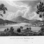 Cover image for Photograph - "Mount Dromedary, Van Diemen's Land" painting (copy - J. Lycett - print held in Allport Library and Museum of Fine Arts - coloured copy can be found at http://catalogue.statelibrary.tas.gov.au/item/?id=164007)