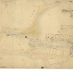 Cover image for Map - Hobart 34 - Plan of Hunter and Macquarie Streets and rivulet showing engineering yard, wharf and allotments, Hobart - surveyed by J E James Erskine Calder