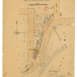 Cover image for Map - S/57 - town of Strahan, Harold and Esk Sts, Esplanade, Long Bay, various properties and landholders, surveyor Ellis (field book no.1235)