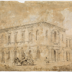 Cover image for Artwork - Launceston Mechanics Institute [annotated 'W H Clayton Architect' 1857'] / Ink and watercolour [Building exterior with horse drawn carriage]