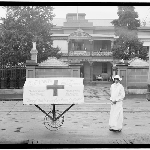 Cover image for Photograph - General Hospital Hobart, entrance Liverpool Street [advertising sign for movie "Oh What a Nurse' - Aug 1927] [glass plate]