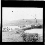 Cover image for Photograph - glass lantern slide - group of unidentified people beside jetty and vessel