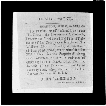 Cover image for Photograph - glass lantern slide - Public Notice by John Lakeland - Hobart Town, 16 March 1816 - re subscription for those who fought in the Battle of Waterloo - by J. W. Beattie