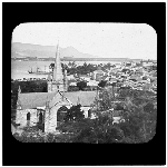 Cover image for Photograph - glass lantern slide - Port Arthur - view of behind church (with roof on) towards penitentiary - prepared by J.W. Beattie, Hobart