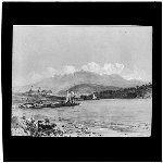 Cover image for Photograph - glass lantern slide - copy of drawing of Kangaroo Point (with Mt Wellington in background) in 1846 - prepared by J.W. Beattie, Hobart