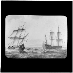 Cover image for Photograph - glass lantern slide - copy of painting of (Abel) Tasman's ships Heemskirk and Zeehaan - prepared by J.W. Beattie, Hobart