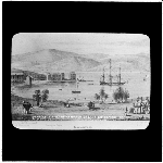 Cover image for Photograph - glass lantern slide - copy of print "Hunter's Island, Hobart Town AD 1820, Van Diemens Land" (from the Military Barracks) - prepared by J.W. Beattie, Hobart