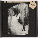 Cover image for Photograph - "Icicles at Weeping Rock, Great Lake Road" [shows people and motor cars] / Fred Smithies [lantern slide]