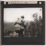 Cover image for Photograph - Rear view of motor-cyclist riding motor bike through rugged bush track, West Coast / Fred Smithies [lantern slide]