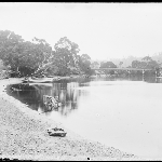 Cover image for Photograph - Glass negative - Reflections [river scene with rail ? Bridge]