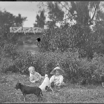 Cover image for Photograph - Negative - Riverbank [two children, two dogs deside river]