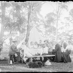 Cover image for Photograph - Glass negative - Parish picnic [Group seated at table in bush setting with dog in foreground]