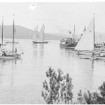 Cover image for Photograph - Tasmanian yachting scene -  regatta? - location unidentified - shows yachts and ferry at small jetty