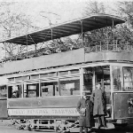 Cover image for Photograph -Tram-Hobart Municipal Tram No. 21- with driver and conductor in view - (a double-decker tram).