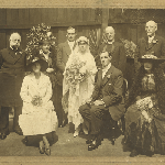 Cover image for Photograph - Wedding group portrait - Rogers - Cross, at house 'Alyth' Bathurst Street, Hobart ? - Violet Cross to Frank Storrier Rogers - 30 Jan 1919  (Mercury notice)