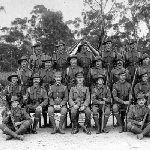 Cover image for Photograph - Soldiers with officers in front of tent at bush camp.  Beattie photograph