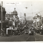 Cover image for Photograph - Hobart-Elizabeth Street-from intersection of Brisbane Street looking down street-two trams in view [HJH Photo 20] (a good view).
