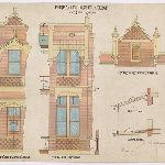 Cover image for Plan - Hobart Domain - Philip Smith Training College - Drawing 4809 - Elevations of Centre Gable, end to side elevations, balcony roof and floors - coloured