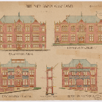 Cover image for Plan - Hobart Domain - Philip Smith Training College - Drawing 4809/2 - Front elevation and elevation facing Park, Edward Streets, Domain and Harbour - coloured. Card 55