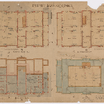 Cover image for Plan - Hobart Domain - Philip Smith Training College - Drawing 4809/1 - Basement, Ground Floor, first floor and attic plan  - coloured. Cards 43 and 53
