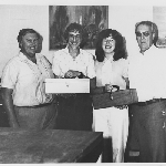 Cover image for Miscellaneous photographs - No.132 Bindery staff - L to R: Lever Cross, Peter Oakley, Alison Dudac (Bishop), with Laurie Brown