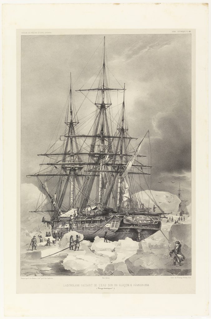 A drawing of a sailing ship among the ice