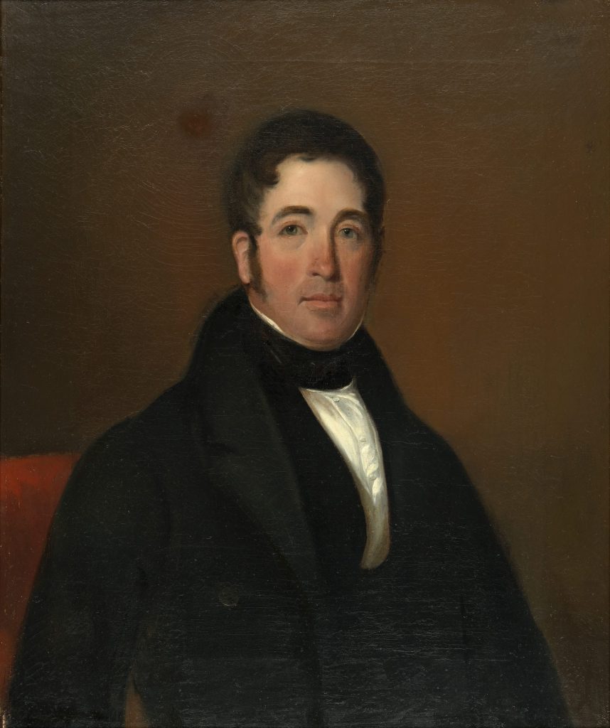 A painted portrait of a man in a black suit.