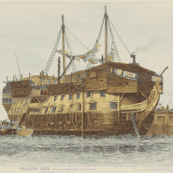 Coloured print of prison ship in Portsmouth Harbour, convicts going aboard, Edward William Cooke, 1828, Rex Nan Kivell Collection, NLA: an9058453