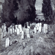 Grayscale painting of graves in St David's Park Hobart