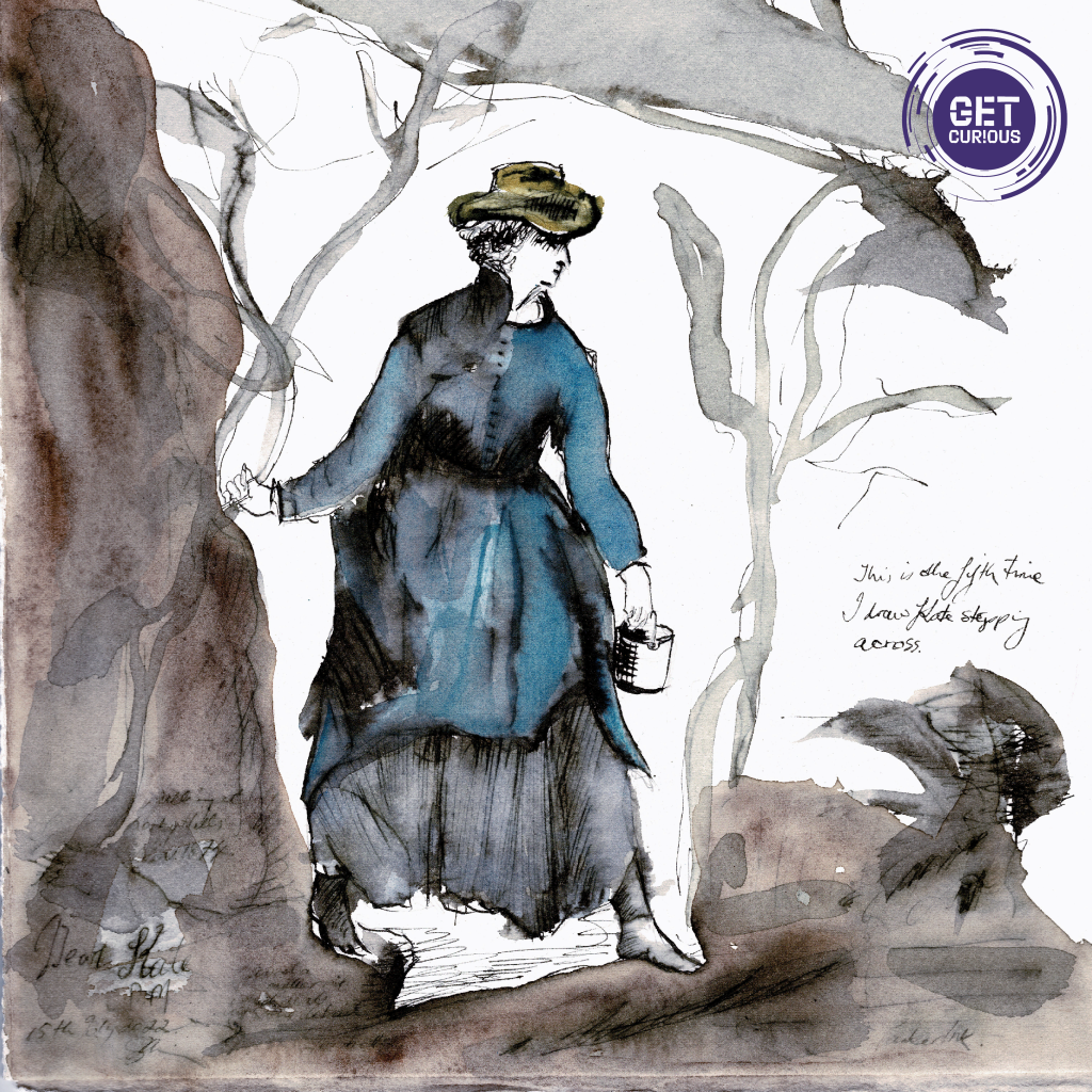 A watercolour painting of a lady stepping through the bush