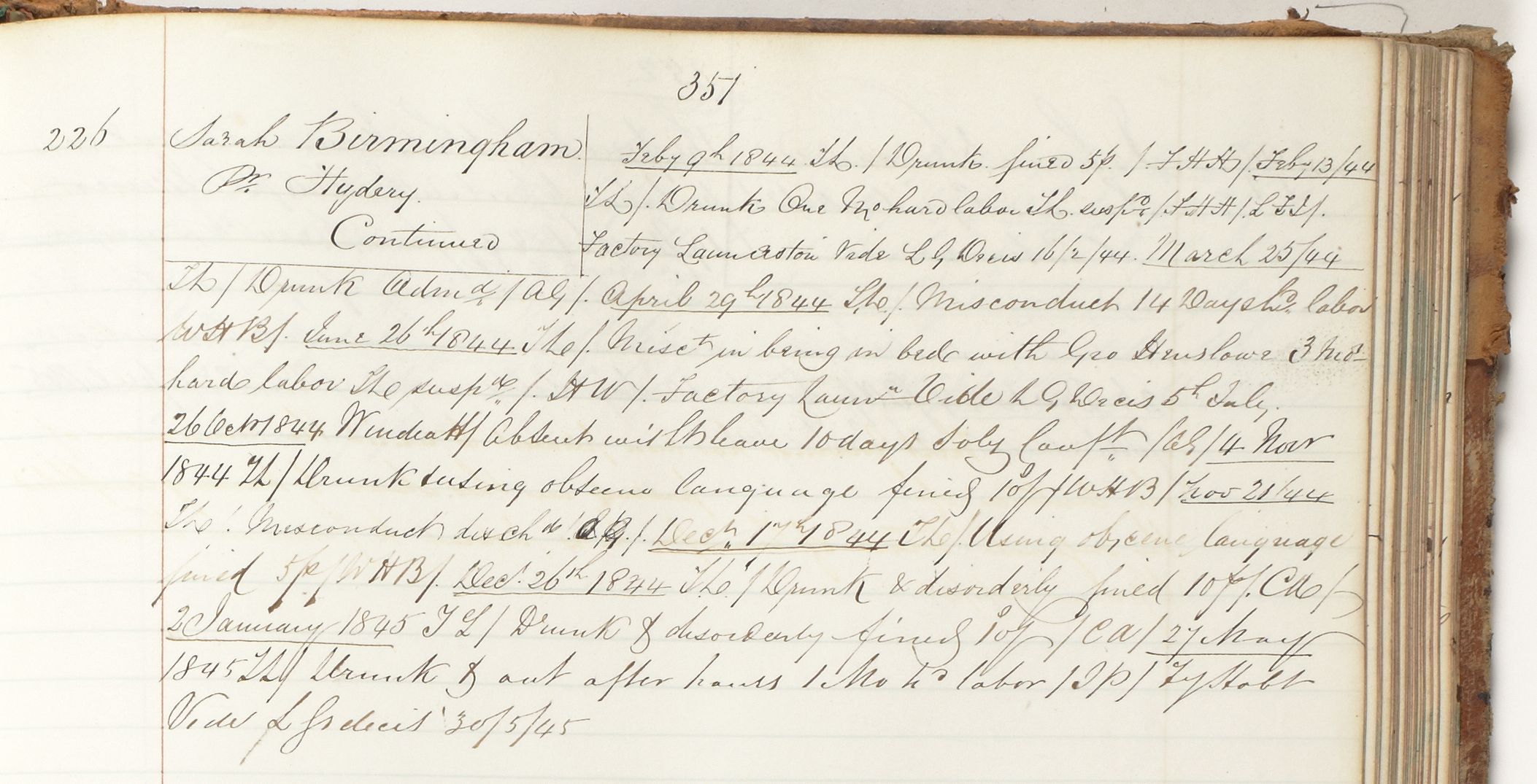 Convict conduct record for Sarah Birmingham (continued).