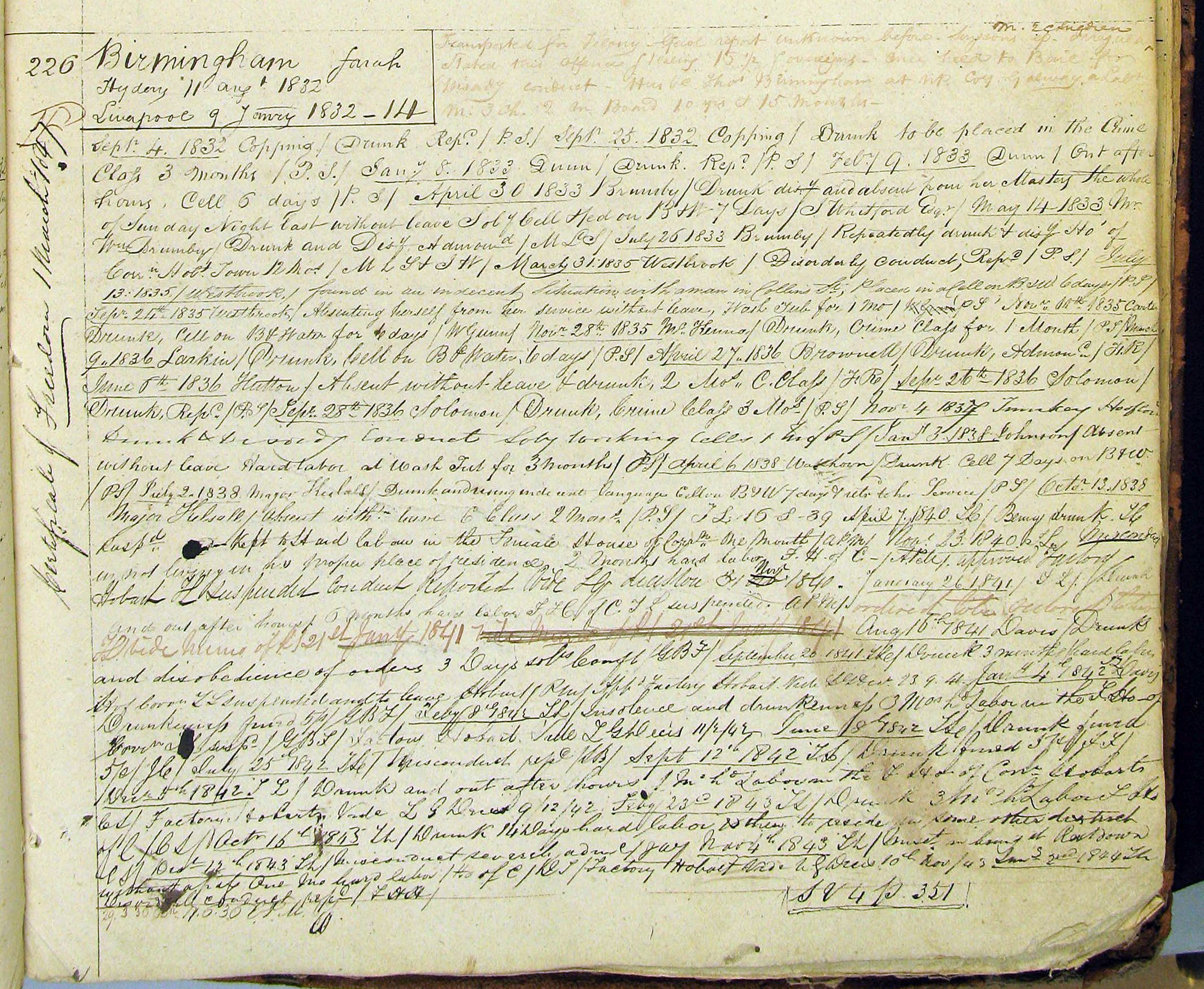 Convict conduct register entry for Sarah Birmingham