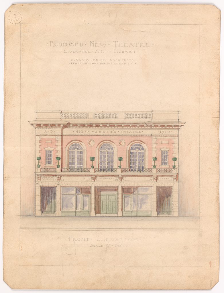Plan - watercolour on paper - Proposed New Theatre, Liverpool Street, Hobart - front elevation / Clark and Crips Architects [His Majesty's Theatre, Liverpool Street]
