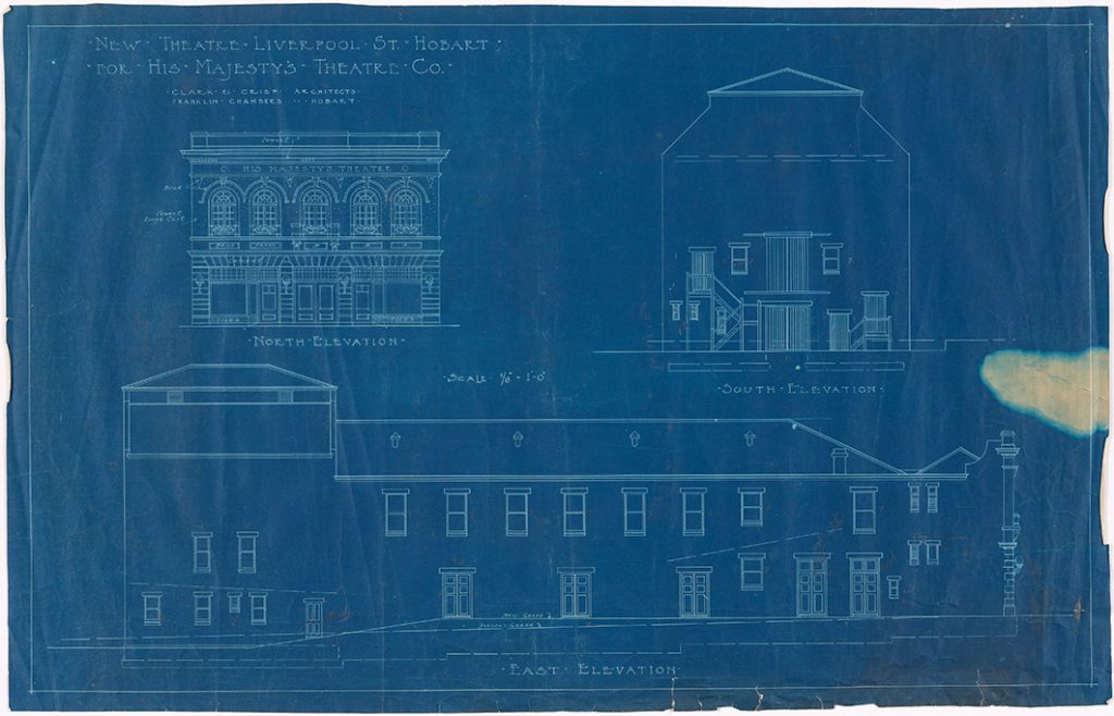 Plan - Blue Print - New Theatre, Liverpool St, Hobart for His Majesty's Theatre Co. Ltd - north, south and east elevations / Clark and Crips Architects