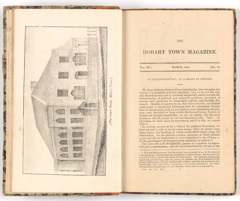 An open book with the left page featuring an illustration of a building labeled "The Court House, Hobart Town." The right page is the title page of "THE HOBART TOWN MAGAZINE," Vol. III, March 1834, No. 13, and begins with a section titled "ON TRANSPORTATION AS A MEANS OF REFORM." The text discusses the failures of the transportation system in reforming convicts, highlighting issues such as the lack of proper classification and separation of prisoners, insufficient employment, and inadequate enforcement of rewards and punishments.