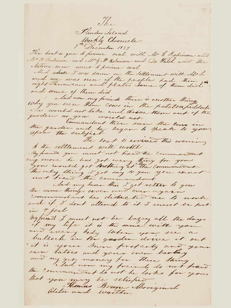 Front page of "The Flinders Island Weekly Chronicle" dated 7th December 1837