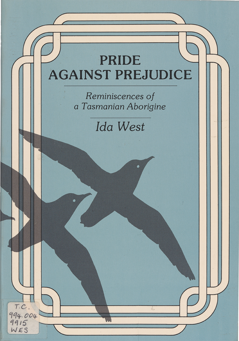 Cover of Pride Against Prejudice: Reminiscences of a Tasmanian Aborigine. The background is light blue with a white decorative border. There are silhouettes of two birds in flight.