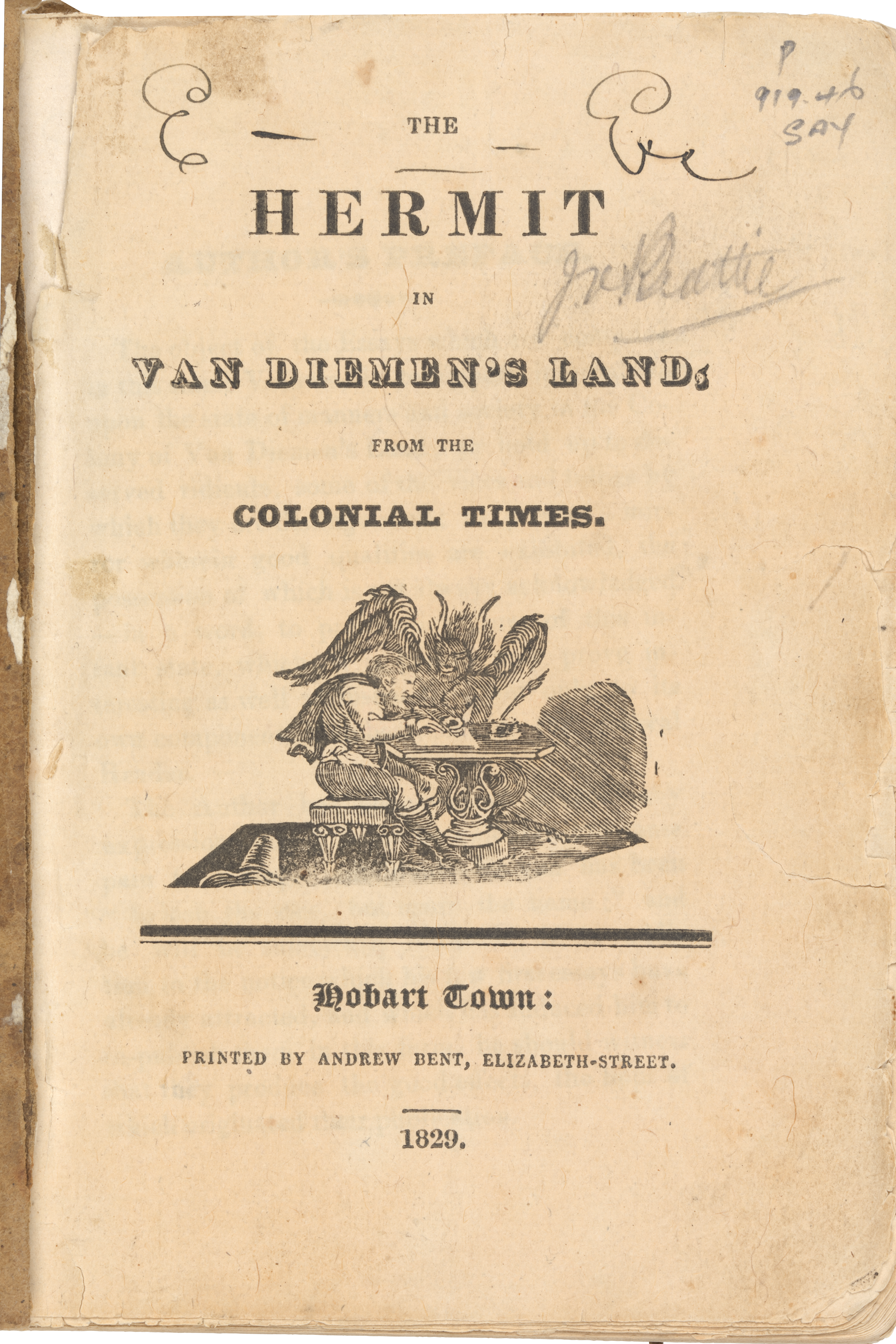 Title page from Henry Savery’s compilation The Hermit in Van Diemen's Land, 1829. It features an image of man writing at a desk next to a person with wings and horns.