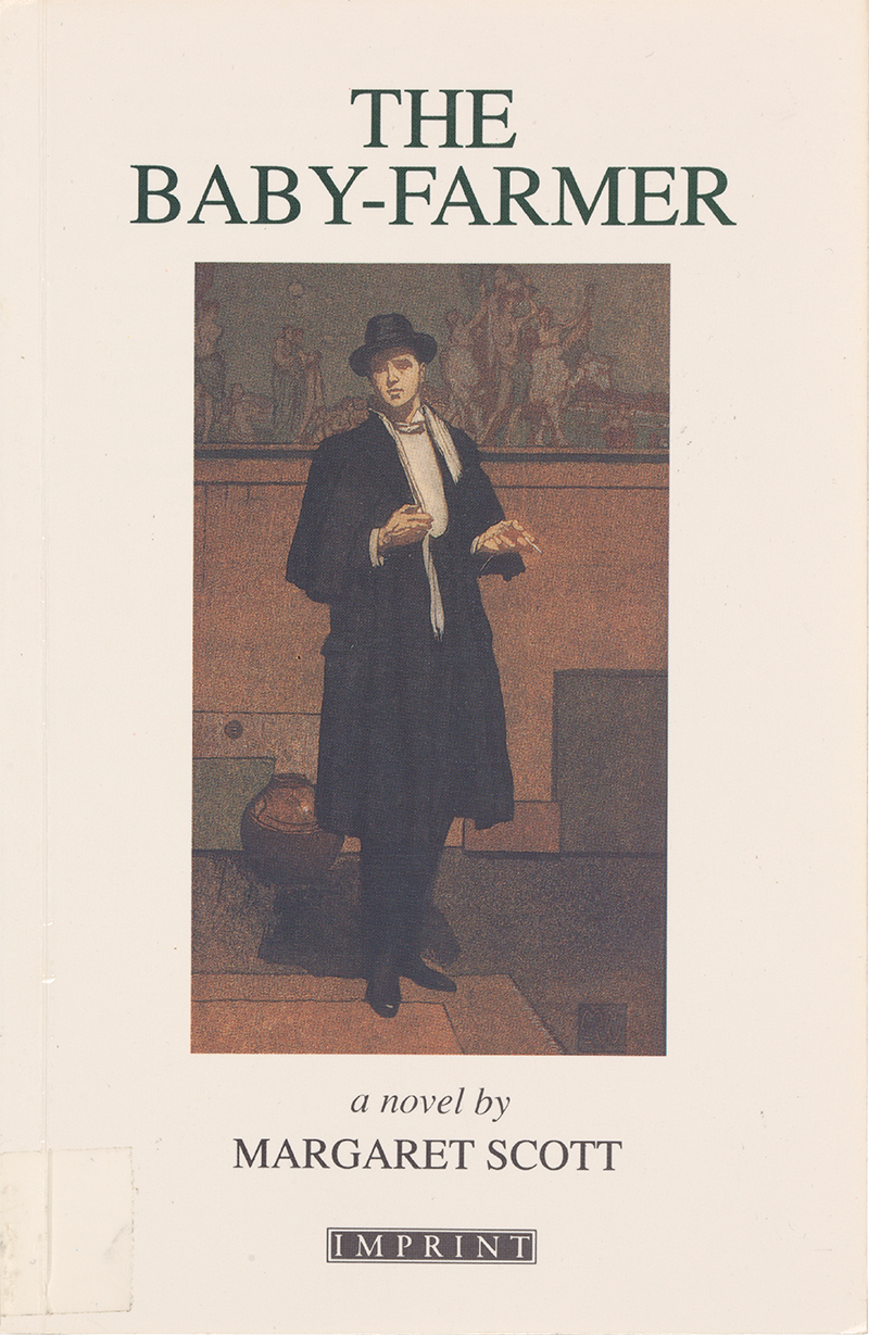 Cover of Margaret Scott’s novel the baby-farmer, 1990. Features a man standing in front of a mural with a cigarette in his hand.