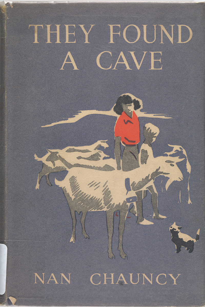 Cover of Nan Chauncy’s novel They found a cave, 1948. Features a woman and boy standing next to goats and a cat.