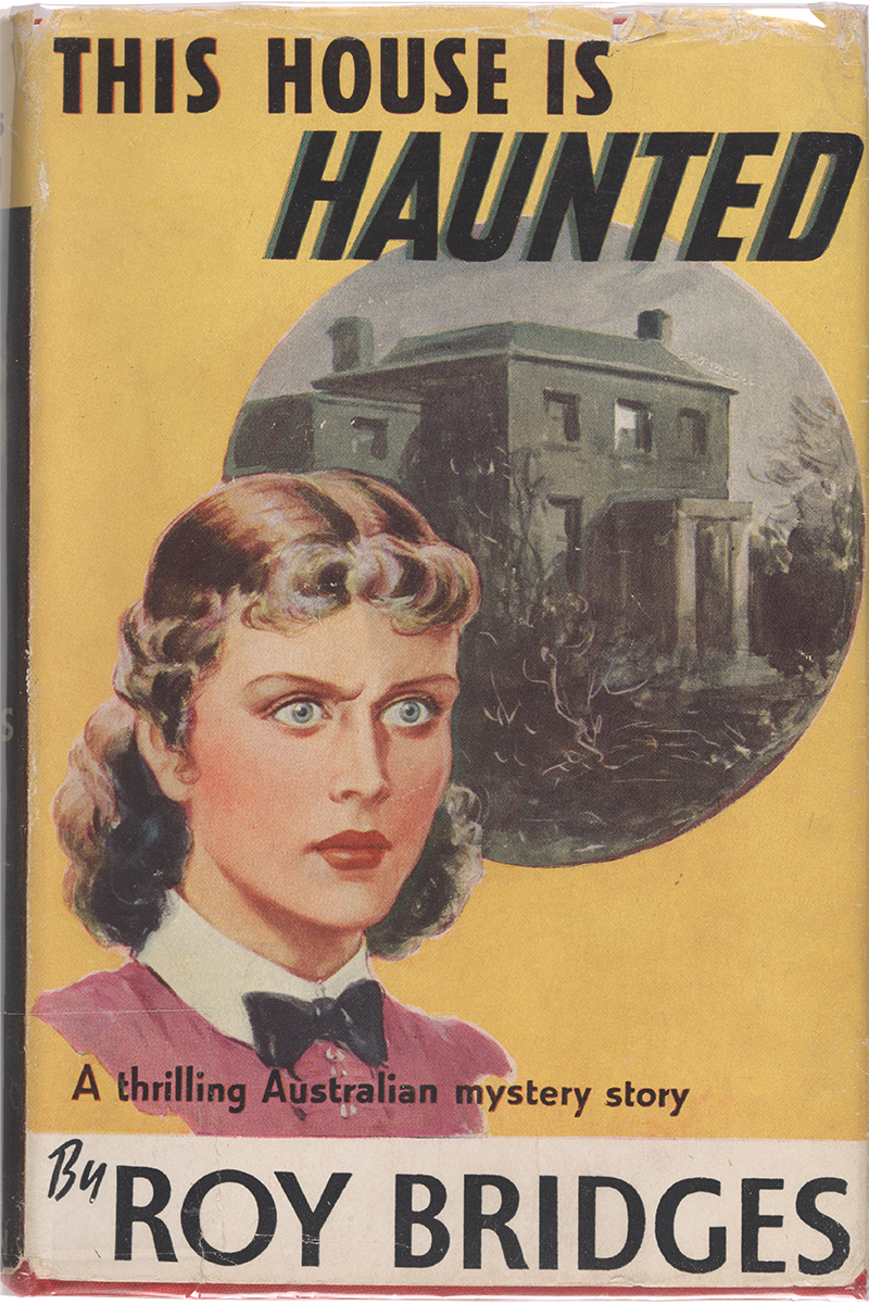 Cover of Roy Bridges’s novel This house is haunted, 1939. Features a woman with curled hair and red lipstick wearing bow tie.