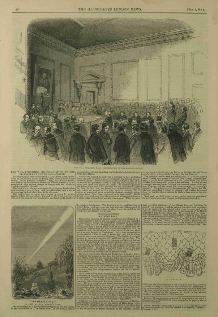 Image of a page of the London Illustrated News showing text and pictures including  one of Mary Morton Allport's lithograph of a comet