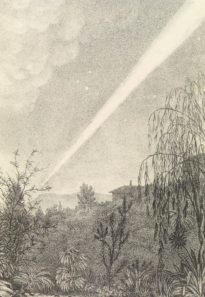 Pencil sketch of a comet shooting accross the sky.