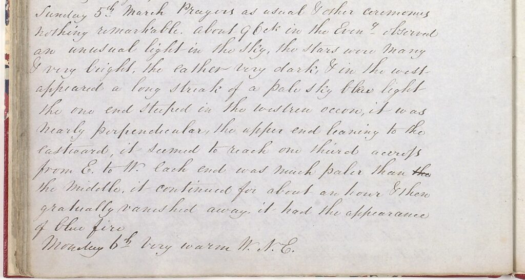 image of a handwritten copy of John Scot's diary entry for March 5 1843 about seeing the comet