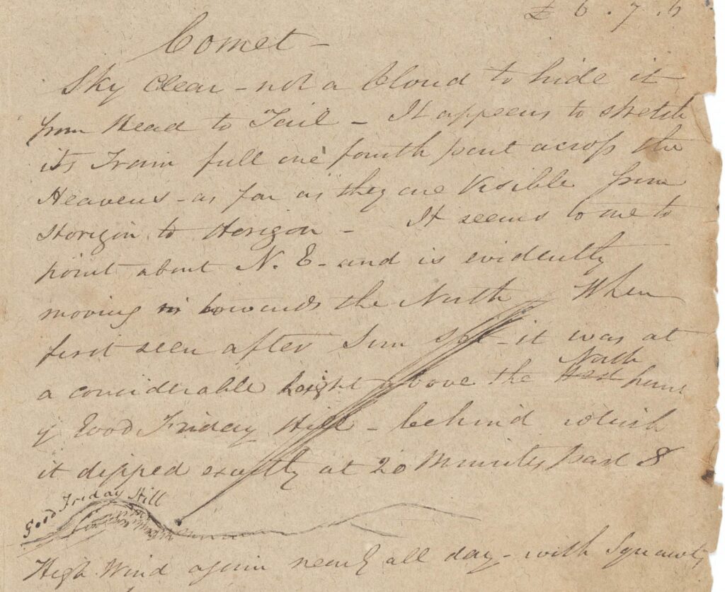 image of George Hull's  handwritten diary entry for March 11 1843 including a sketch of the comet