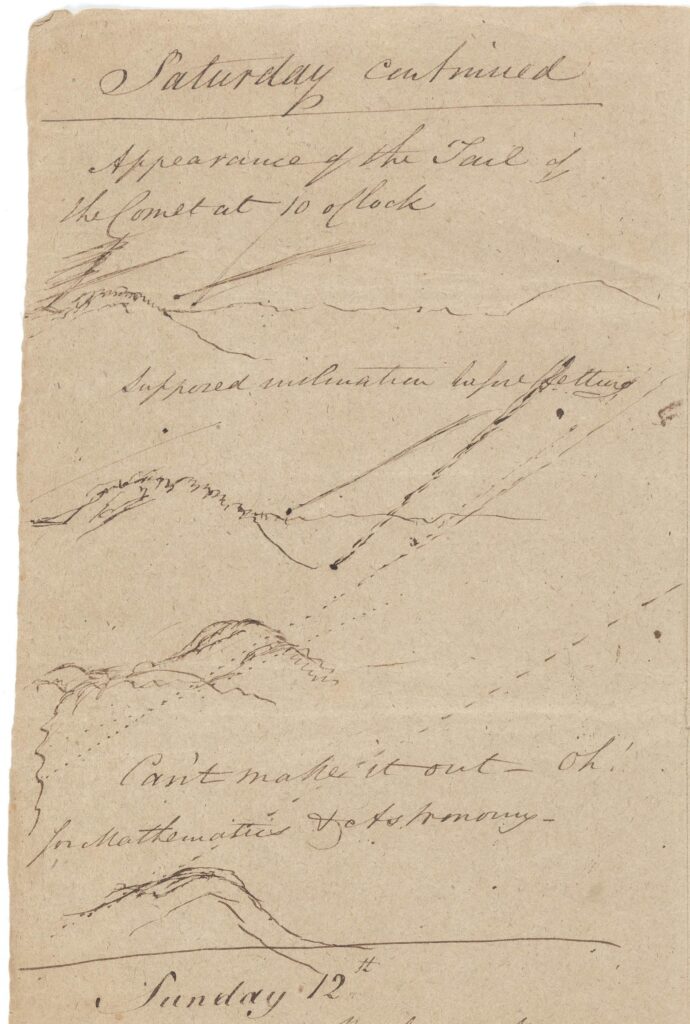 image of George Hull's  handwritten diary entry for March 11 1843 with a series of sketches showing the trajectory