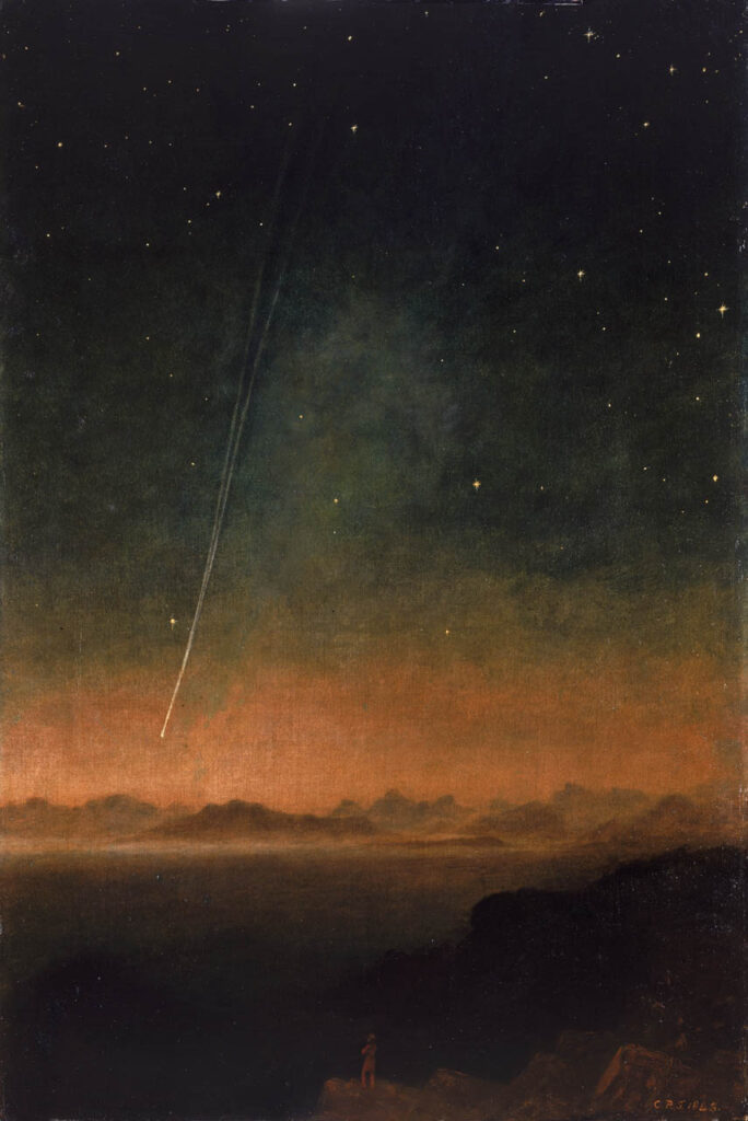 A night-time view showing an eyewitness account of the Great Comet of 1843, painted by the astronomer Charles Piazzi Smyth